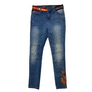 DESIGUAL Pakaian Jadi Wanita Sequin Embellished Crop Skinny Jeans Size 24 Red